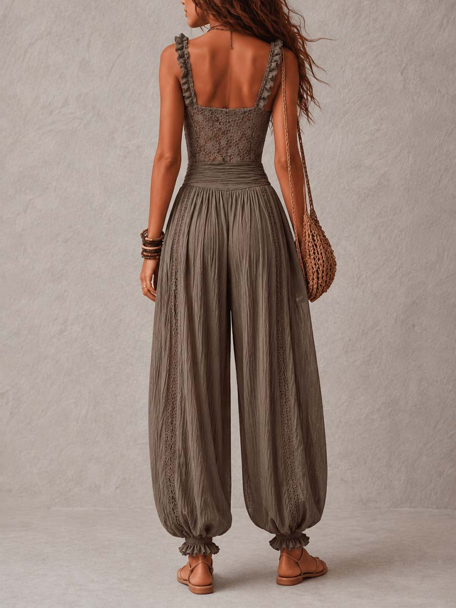 Nieves • Completo con top in pizzo grigio e pantaloni harem in cotone plissettato