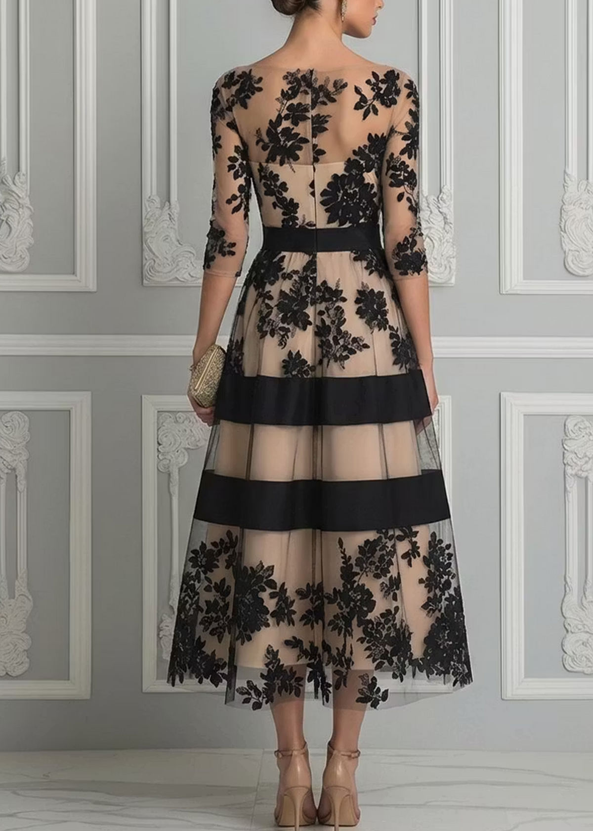 VESTIDO MIDI DE LÍNEA ELEGANTE EN ENCAJE NEGRO