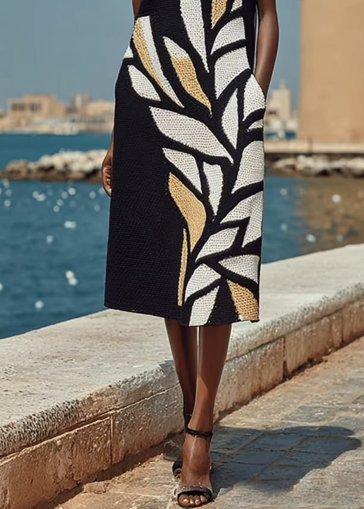 VESTIDO MIDI NEGRO SIN MANGAS LARGO ESTAMPADO