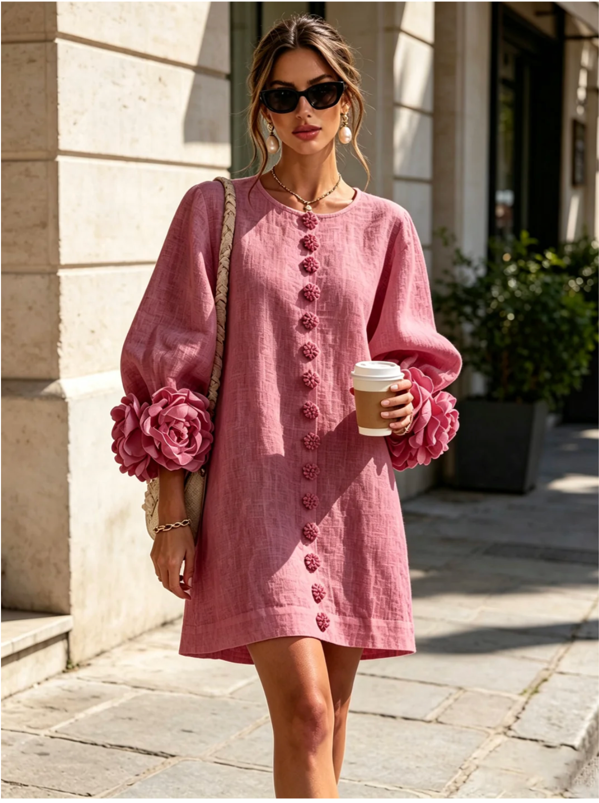 Alba | Minivestido de mezcla de lino con puños color rosa, rosa empolvado