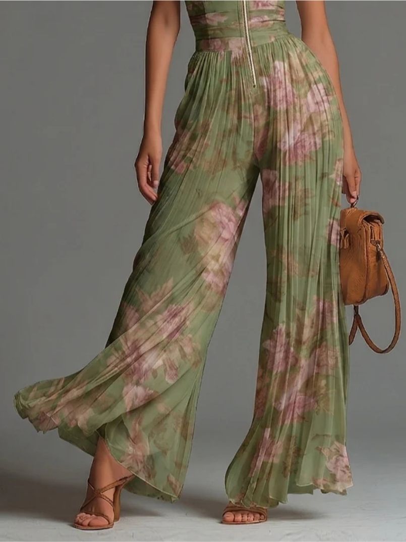 Moretti™ | Tuta plissettata in chiffon con stampa floreale e scollo a V