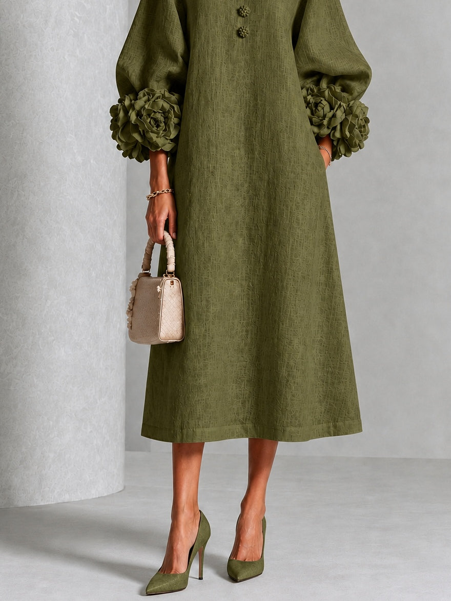 Gaia | Minivestido de mezcla de lino con puños rosas, verde oliva