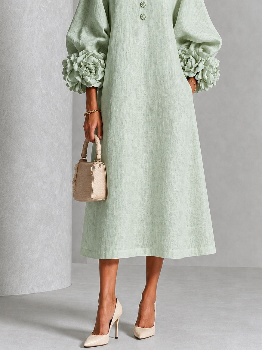 Delia | Minivestido de mezcla de lino con puños color rosa, verde salvia