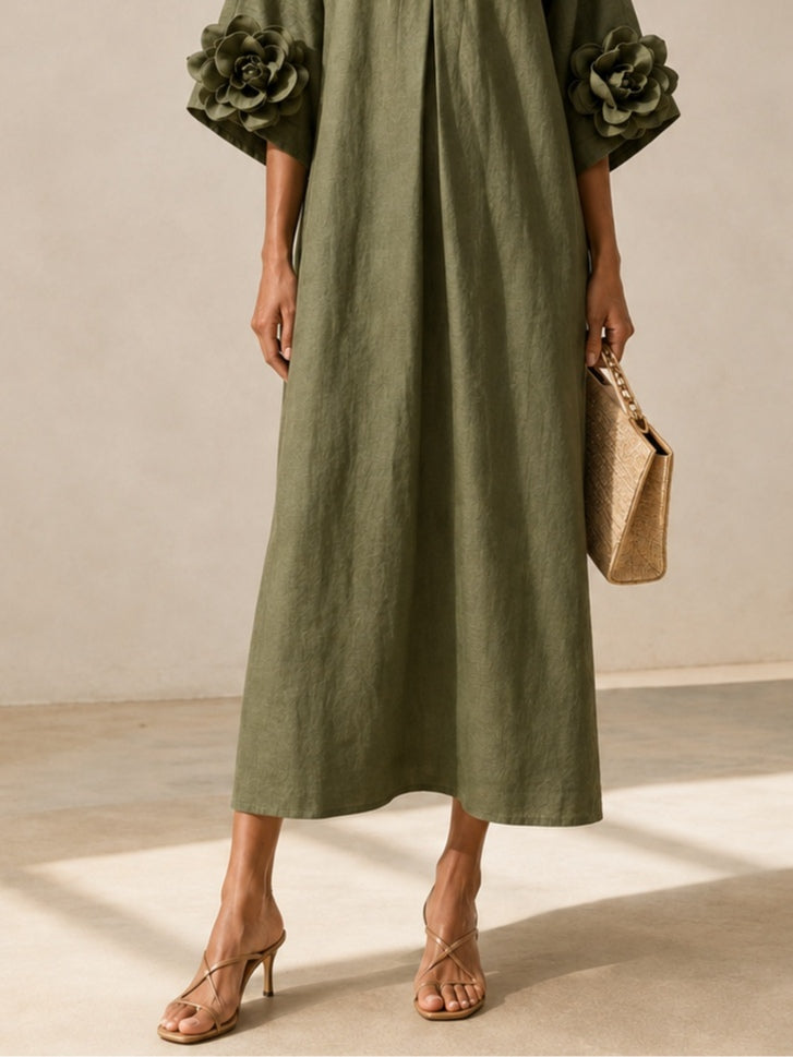 VESTIDO MIDI VERDE OLIVA CON CUELLO EN V Y MANGAS FLORALES EXTRAVAGANTES