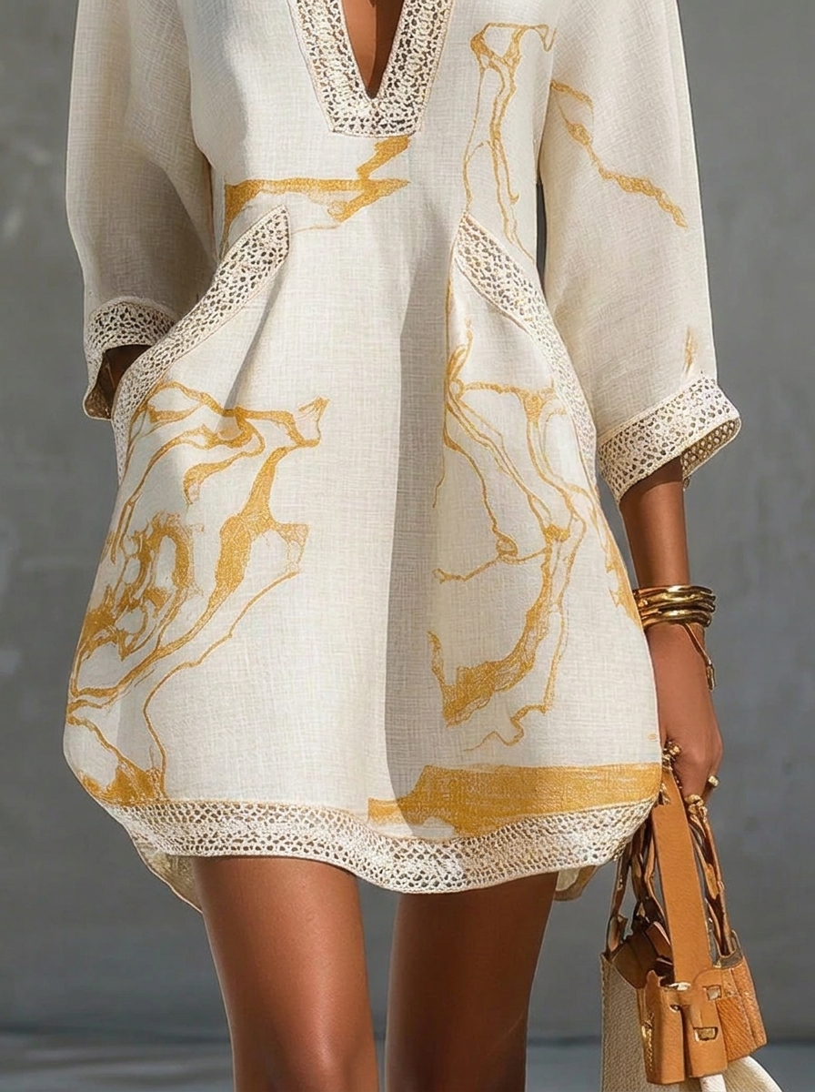 Donatella | Mini abito bianco con stampa marmo dorata e pizzo crochet