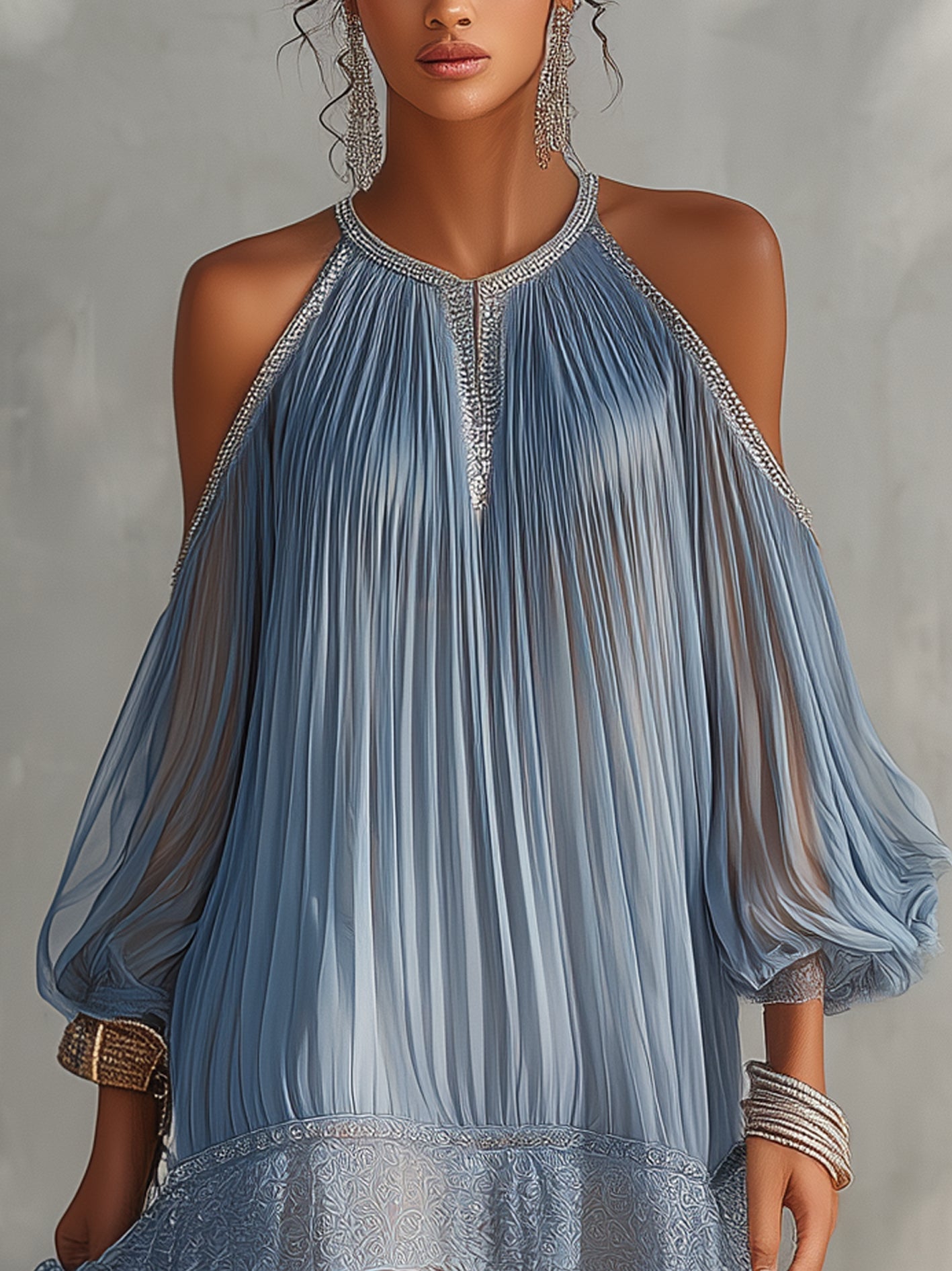 Celeste | Minivestido azul con hombros descubiertos, detalle fruncido y dobladillo de encaje