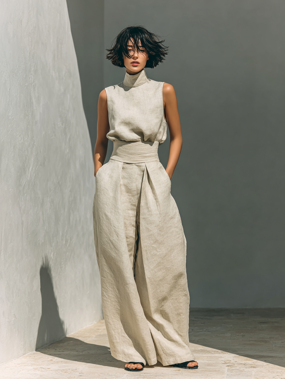 Maria | Completo minimalista da donna in cotone e lino con top e pantaloni ampi