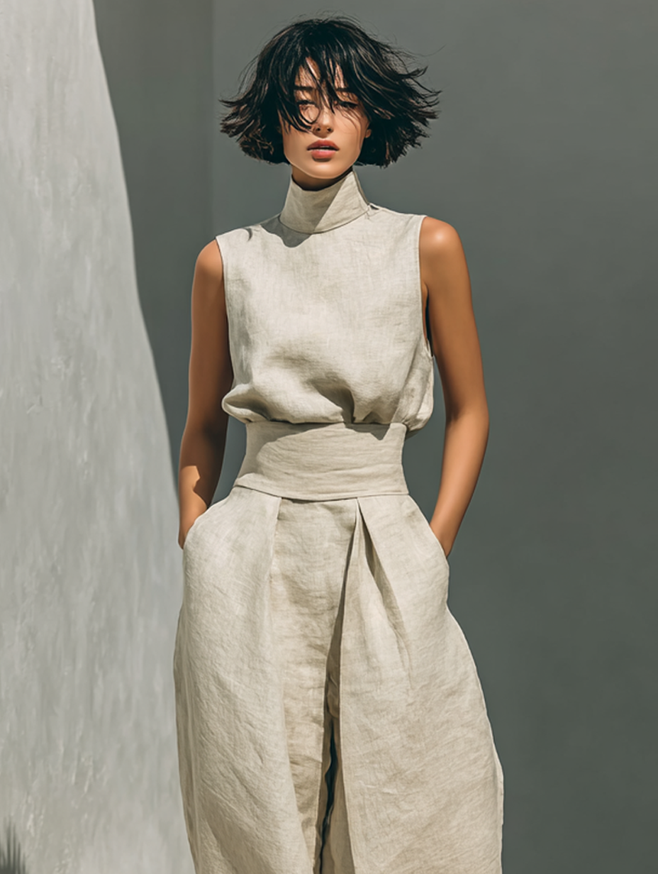 Maria | Completo minimalista da donna in cotone e lino con top e pantaloni ampi
