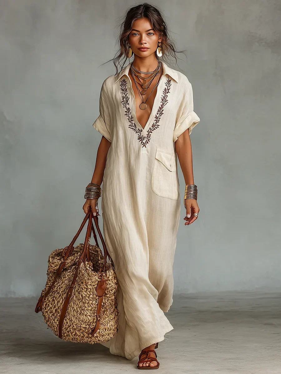 Ginevra | Abito Camicia Maxi in Lino Ricamato