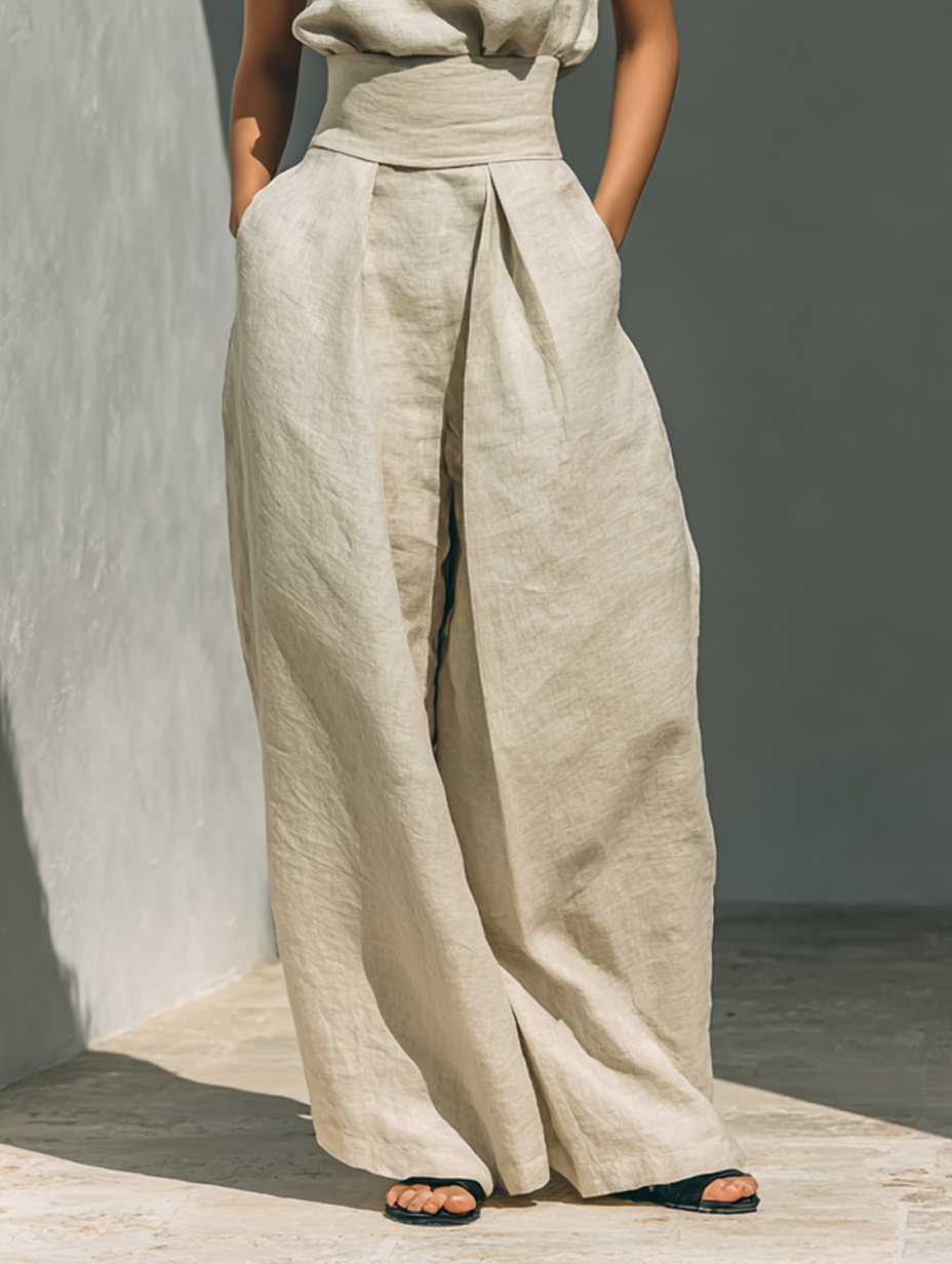 Maria | Completo minimalista da donna in cotone e lino con top e pantaloni ampi