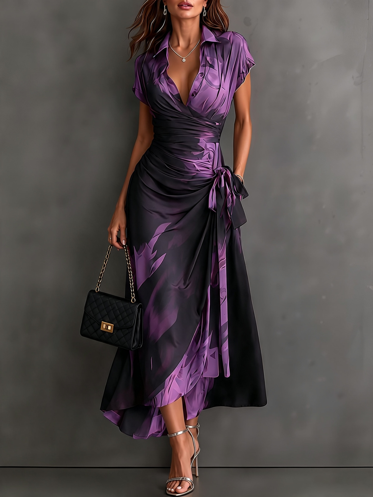VESTIDO MIDI CON CARTERA CON ESTAMPADO ABSTRACTO ROJO Y NEGRO, CUELLO CON ESCUELLO EN V, MANGA CORTA, CINTURA PARA ANUDAR, DOBLADO ASIMÉTRICO CON VOLANTES