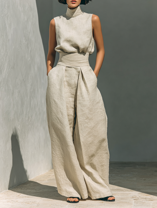 Maria | Completo minimalista da donna in cotone e lino con top e pantaloni ampi