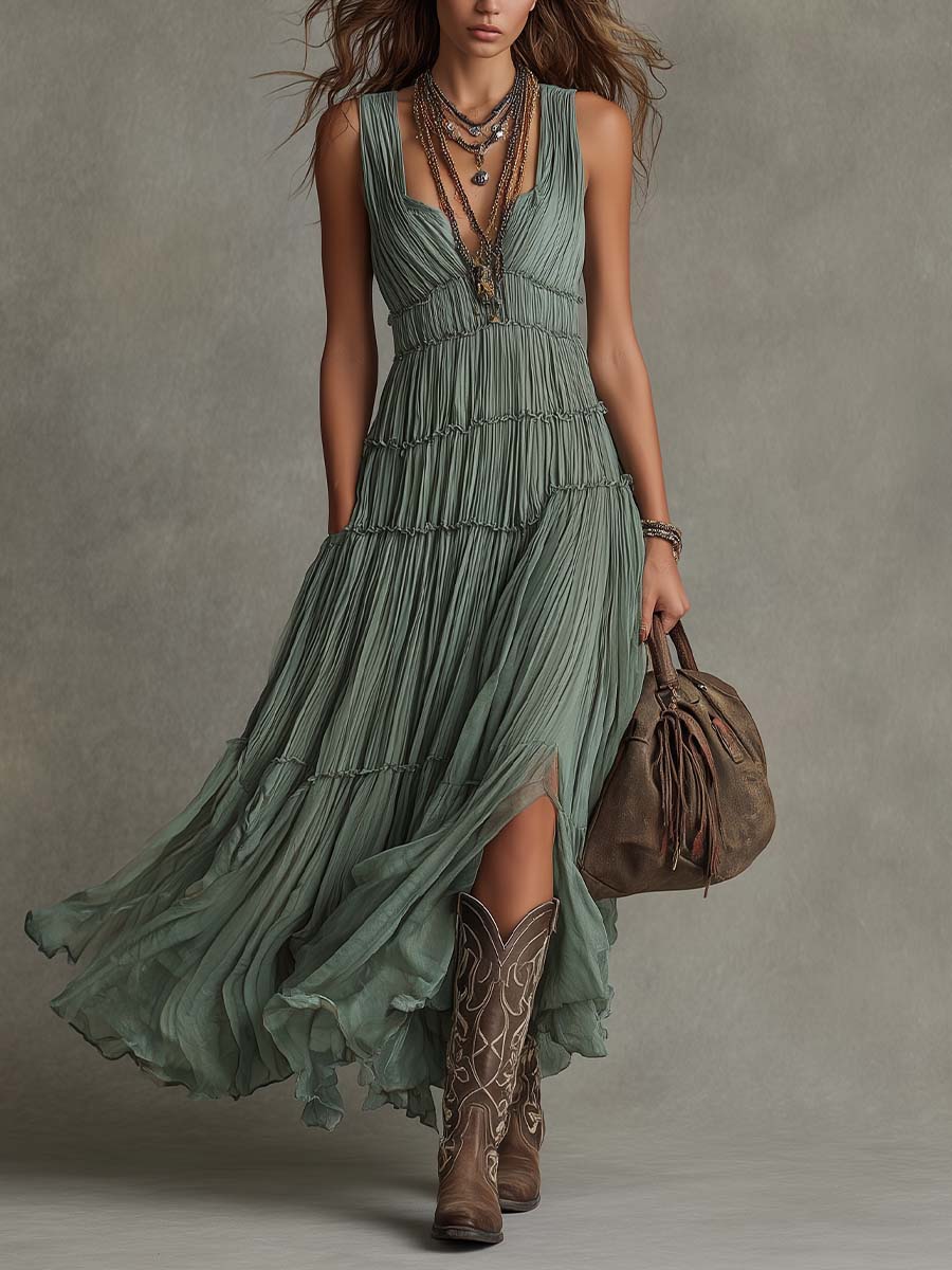 Rosalia | Abito Maxi Plissettato in Chiffon Bohémien