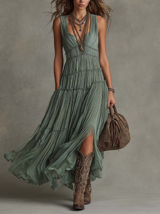 Rosalia | Abito Maxi Plissettato in Chiffon Bohémien