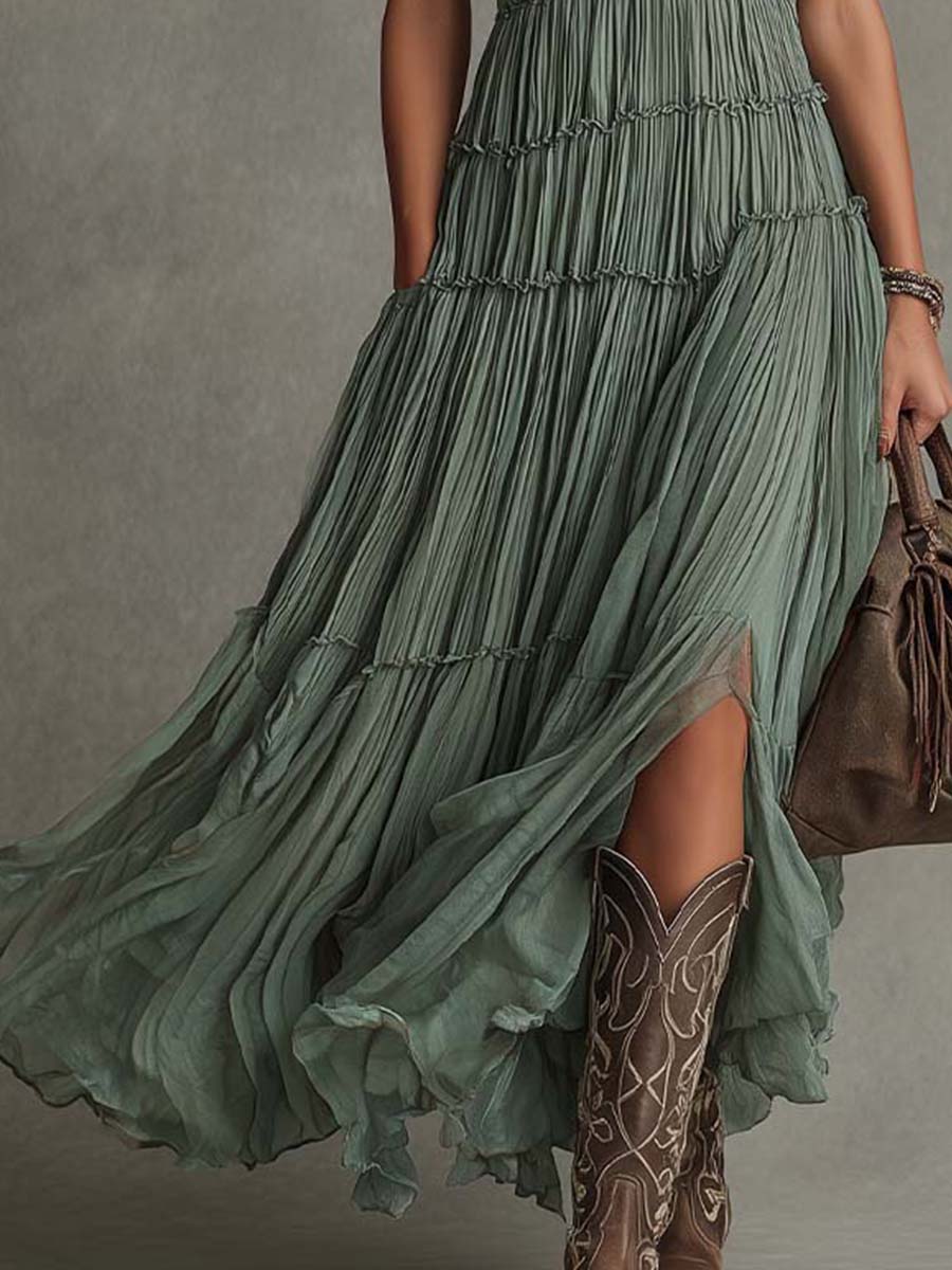 Rosalia | Abito Maxi Plissettato in Chiffon Bohémien