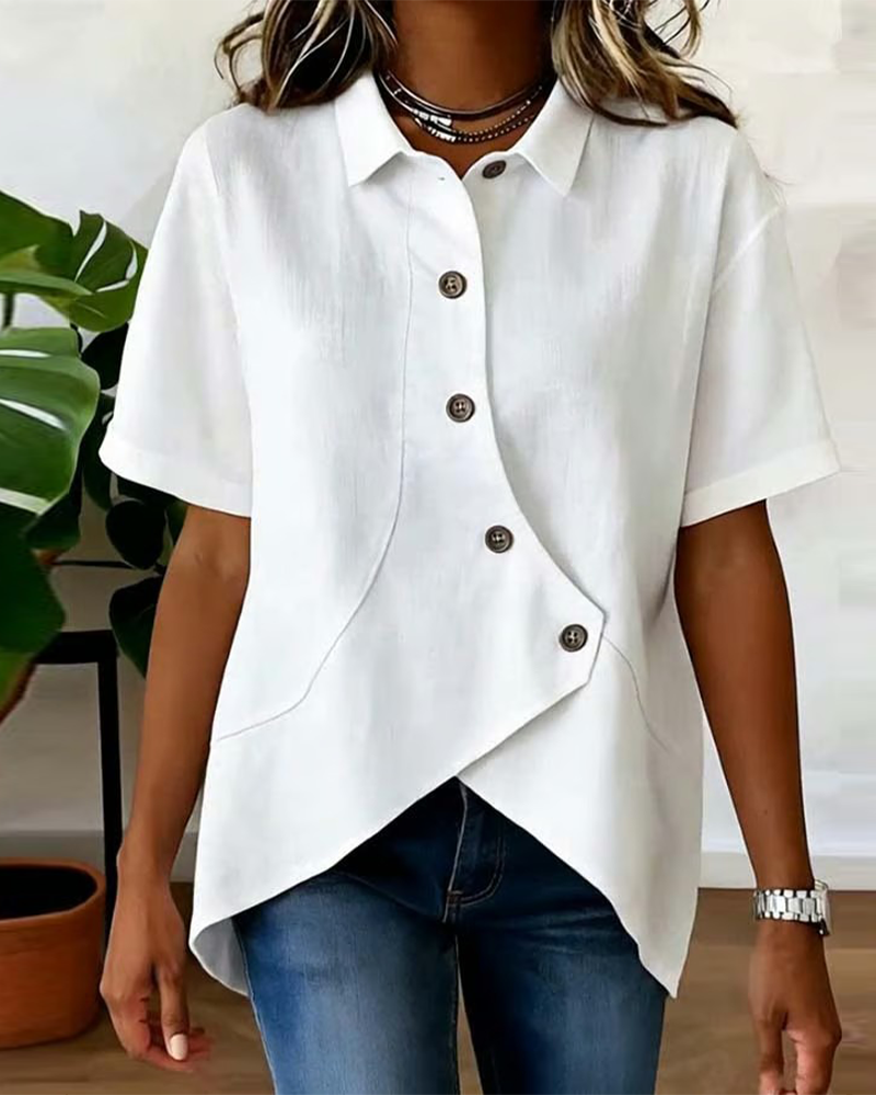 Julia - Blusa Asimétrica de Algodón-Lino con Botones