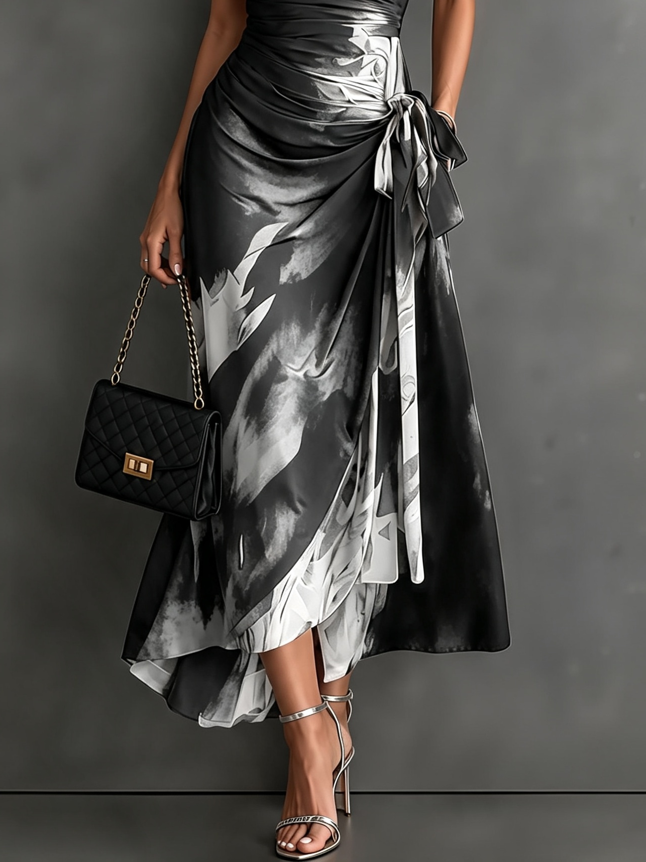 VESTIDO MIDI CON CARTERA CON ESTAMPADO ABSTRACTO ROJO Y NEGRO, CUELLO CON ESCUELLO EN V, MANGA CORTA, CINTURA PARA ANUDAR, DOBLADO ASIMÉTRICO CON VOLANTES