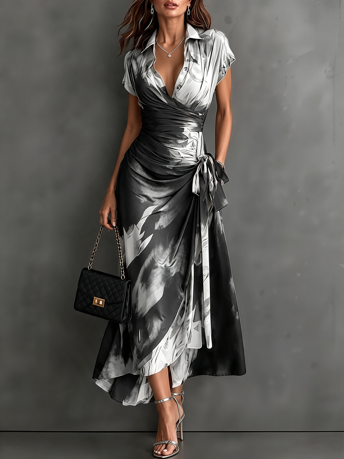 VESTIDO MIDI CON CARTERA CON ESTAMPADO ABSTRACTO ROJO Y NEGRO, CUELLO CON ESCUELLO EN V, MANGA CORTA, CINTURA PARA ANUDAR, DOBLADO ASIMÉTRICO CON VOLANTES