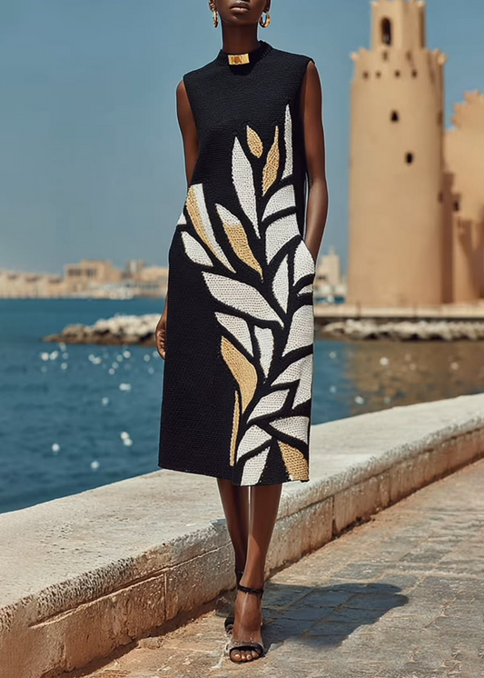 VESTIDO MIDI NEGRO SIN MANGAS LARGO ESTAMPADO