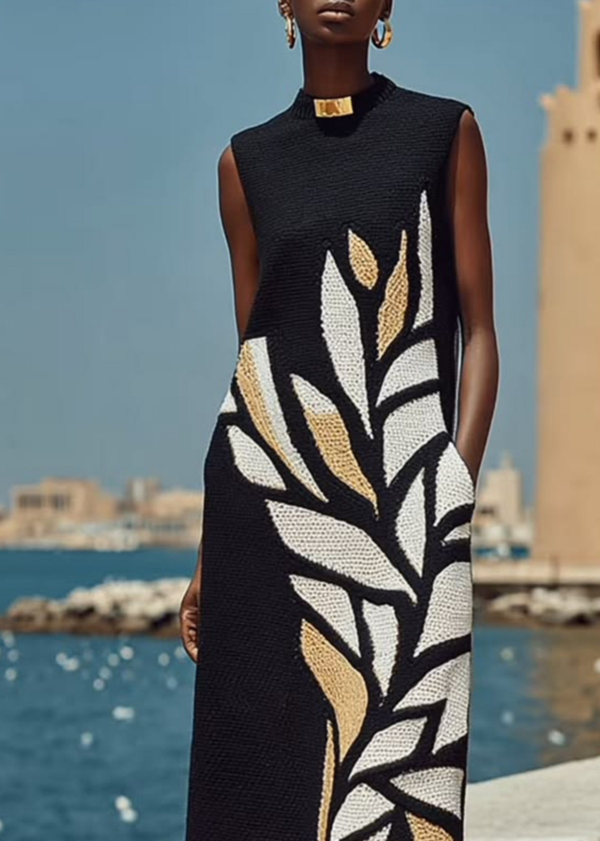 VESTIDO MIDI NEGRO SIN MANGAS LARGO ESTAMPADO