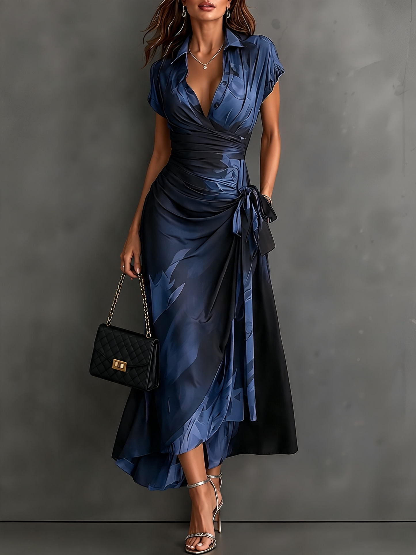 VESTIDO MIDI CON CARTERA CON ESTAMPADO ABSTRACTO ROJO Y NEGRO, CUELLO CON ESCUELLO EN V, MANGA CORTA, CINTURA PARA ANUDAR, DOBLADO ASIMÉTRICO CON VOLANTES