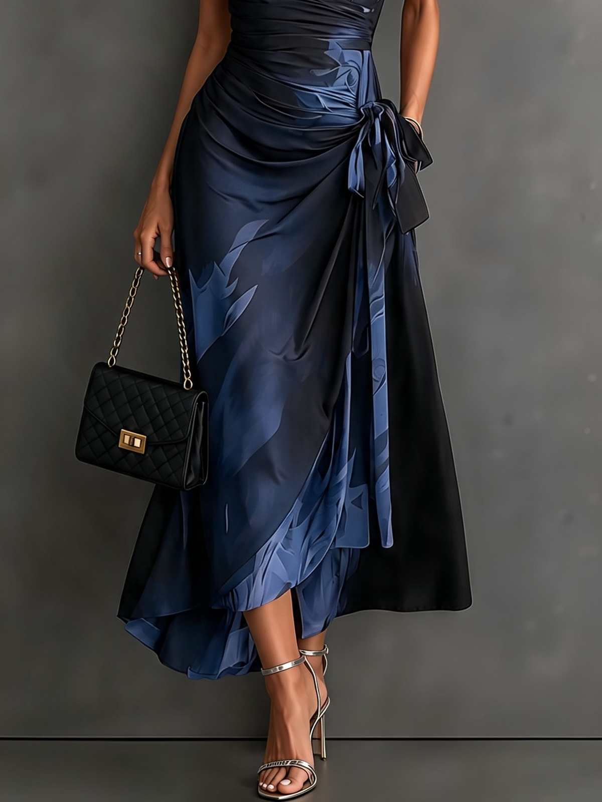 VESTIDO MIDI CON CARTERA CON ESTAMPADO ABSTRACTO ROJO Y NEGRO, CUELLO CON ESCUELLO EN V, MANGA CORTA, CINTURA PARA ANUDAR, DOBLADO ASIMÉTRICO CON VOLANTES