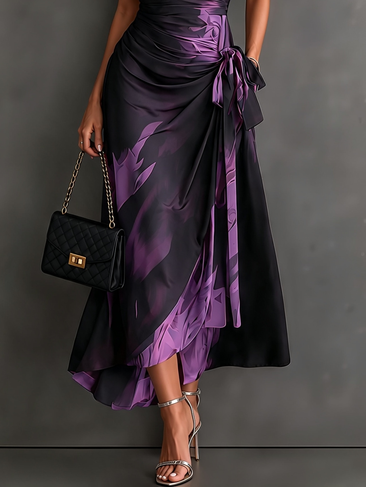 VESTIDO MIDI CON CARTERA CON ESTAMPADO ABSTRACTO ROJO Y NEGRO, CUELLO CON ESCUELLO EN V, MANGA CORTA, CINTURA PARA ANUDAR, DOBLADO ASIMÉTRICO CON VOLANTES