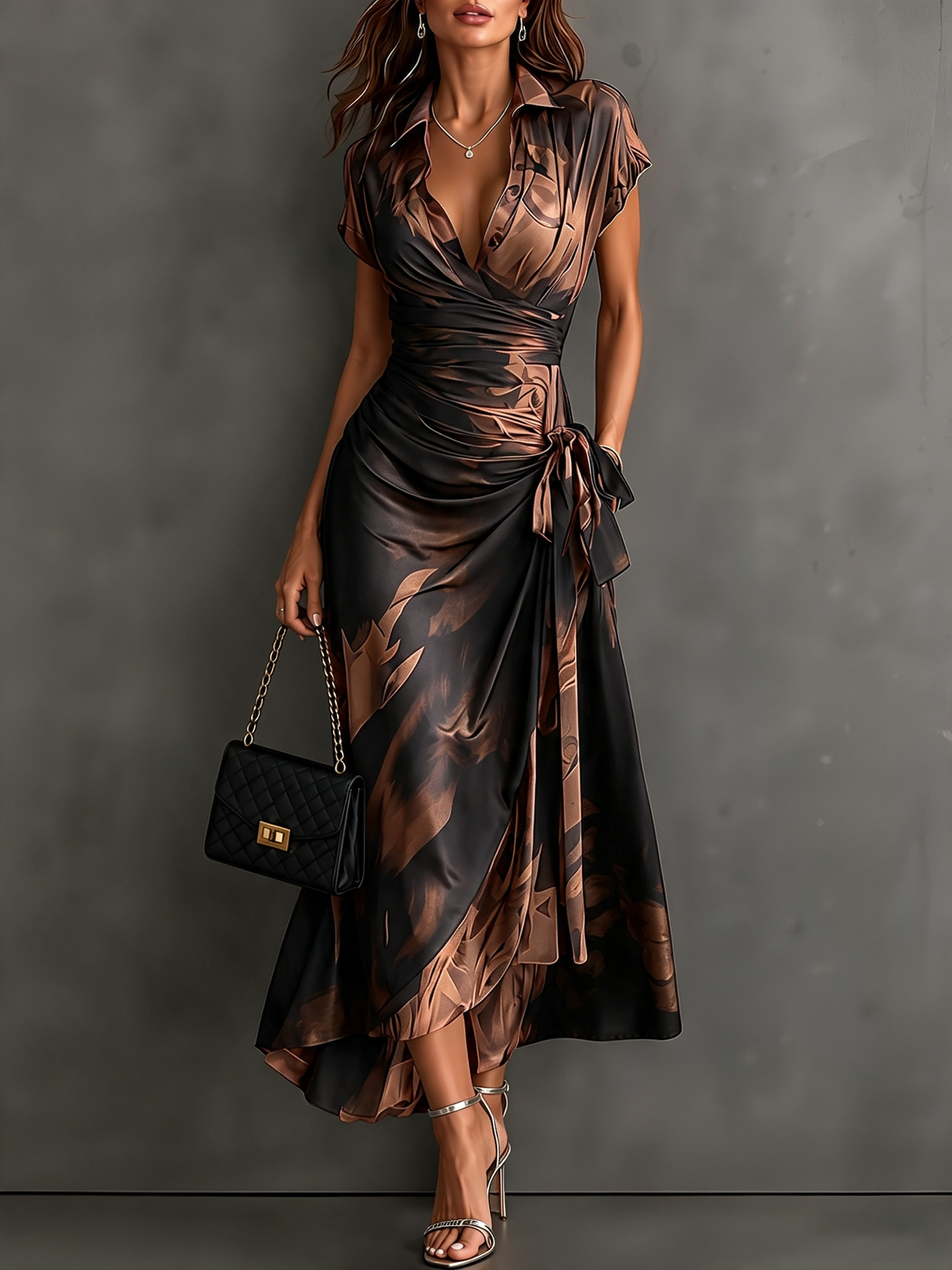 VESTIDO MIDI CON CARTERA CON ESTAMPADO ABSTRACTO ROJO Y NEGRO, CUELLO CON ESCUELLO EN V, MANGA CORTA, CINTURA PARA ANUDAR, DOBLADO ASIMÉTRICO CON VOLANTES