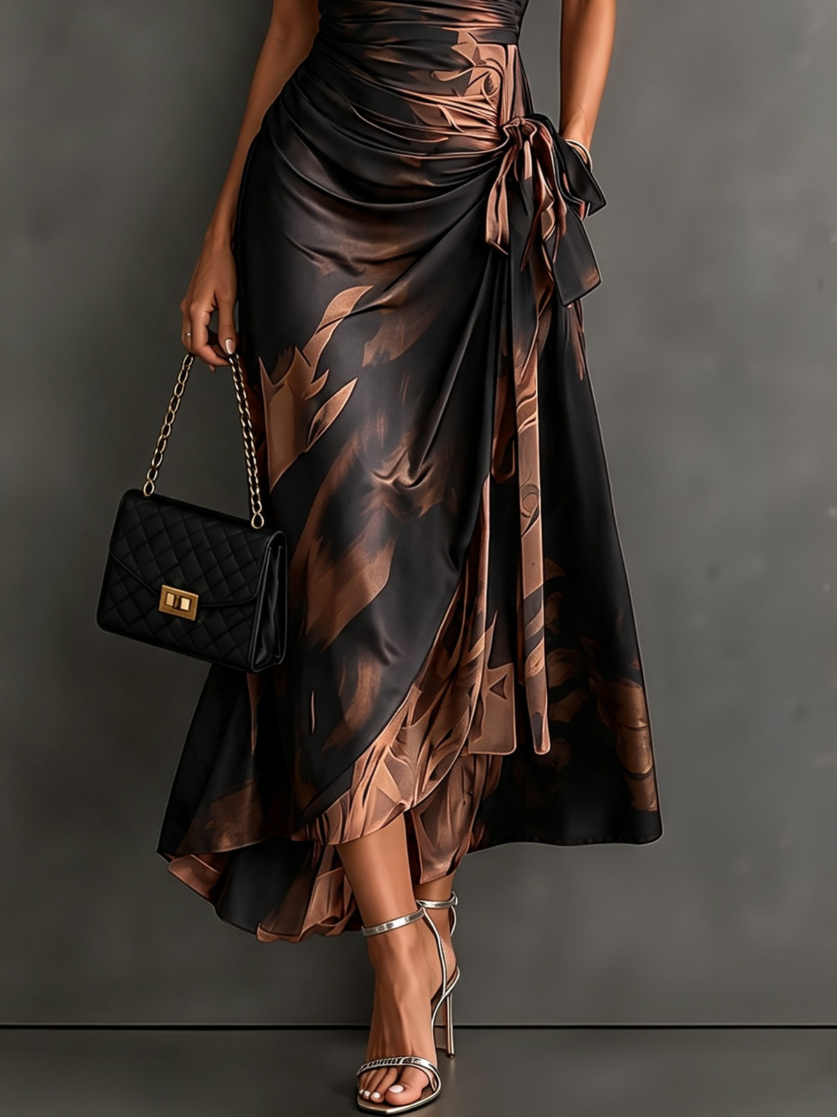 VESTIDO MIDI CON CARTERA CON ESTAMPADO ABSTRACTO ROJO Y NEGRO, CUELLO CON ESCUELLO EN V, MANGA CORTA, CINTURA PARA ANUDAR, DOBLADO ASIMÉTRICO CON VOLANTES