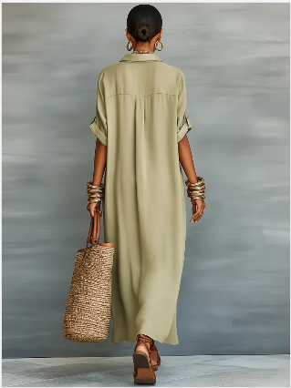 Manelle | Vestido largo verde oliva con líneas minimalistas