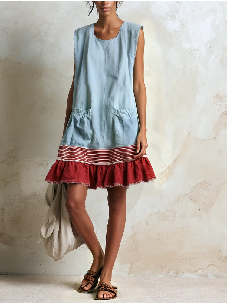 KATIA | VESTIDO TÚNICA AZUL CLARO SIN MANGAS CON RAYAS ROJAS Y DOBLADO FRUSADO