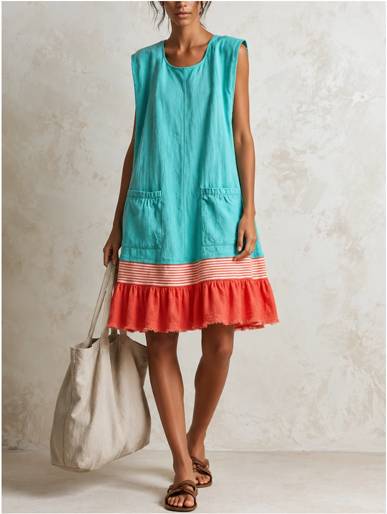 KATIA | VESTIDO TÚNICA AZUL CLARO SIN MANGAS CON RAYAS ROJAS Y DOBLADO FRUSADO