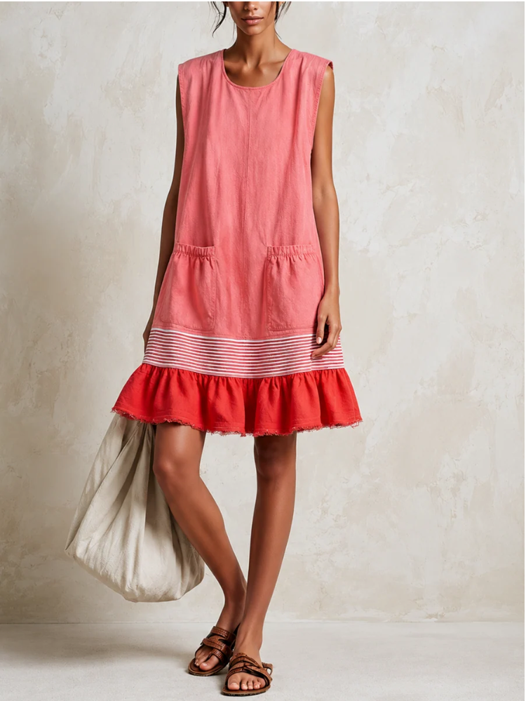 KATIA | VESTIDO TÚNICA AZUL CLARO SIN MANGAS CON RAYAS ROJAS Y DOBLADO FRUSADO