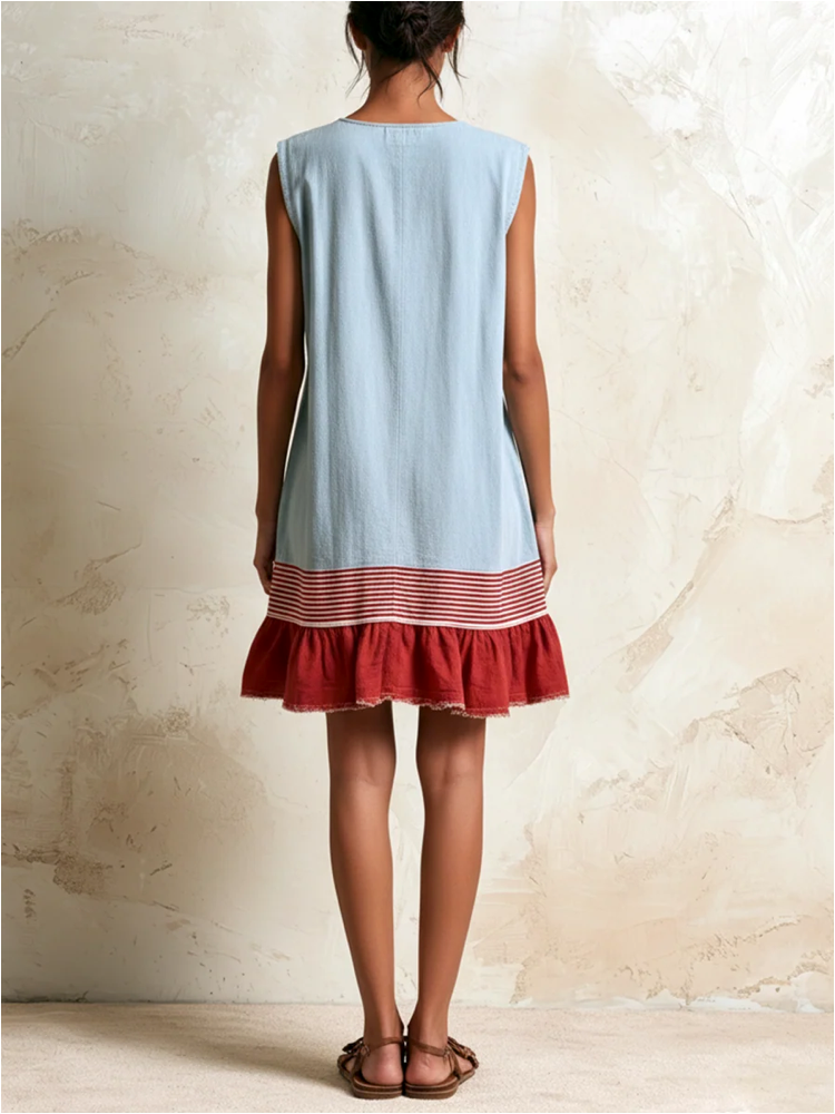 KATIA | VESTIDO TÚNICA AZUL CLARO SIN MANGAS CON RAYAS ROJAS Y DOBLADO FRUSADO