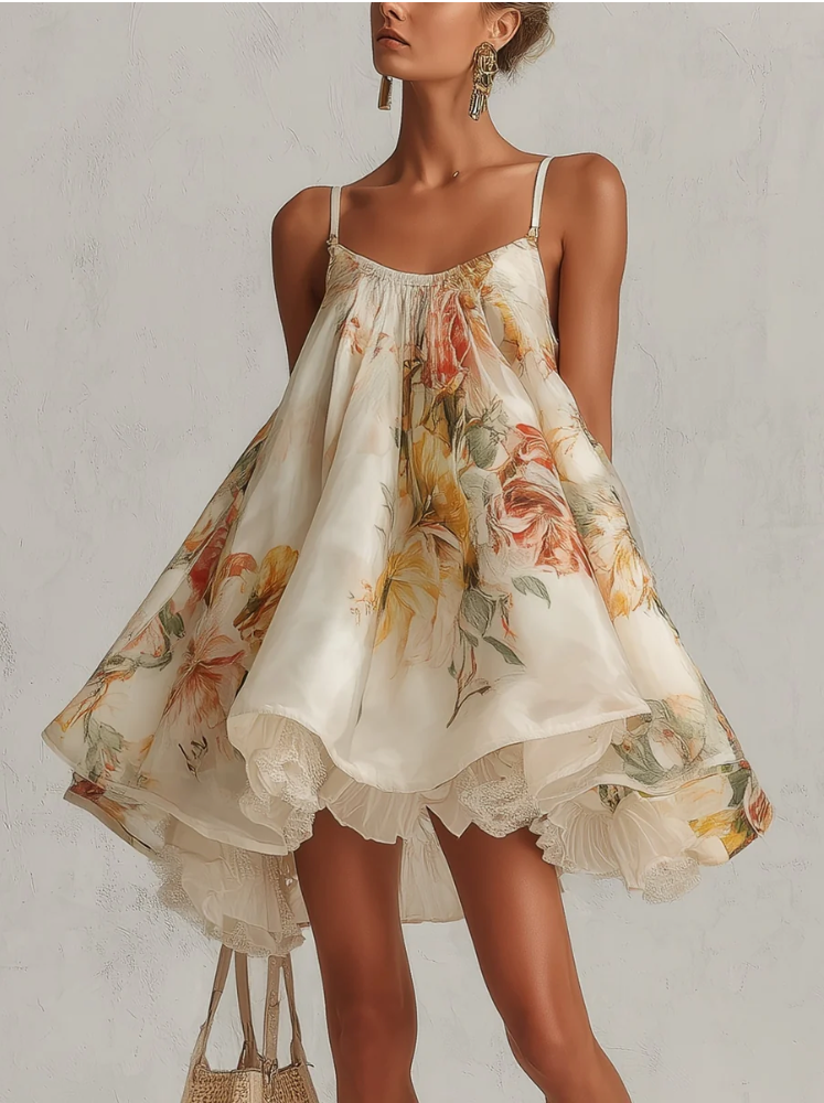 LILIANA | VESTIDO CORTO DE LÍNEA A EN ORGANZA BEIGE CON MOTIVO FLORAL Y BORDE DE ENCAJE