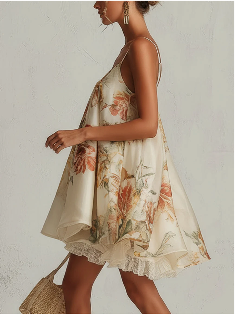 LILIANA | VESTIDO CORTO DE LÍNEA A EN ORGANZA BEIGE CON MOTIVO FLORAL Y BORDE DE ENCAJE
