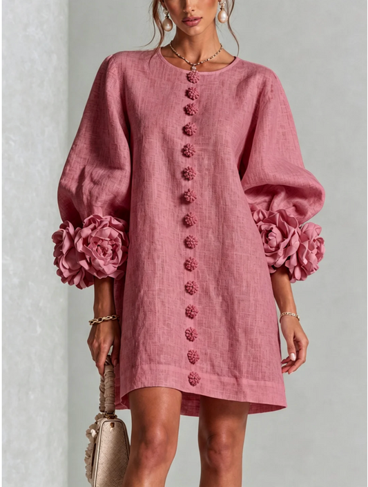 Alba | Minivestido de mezcla de lino con puños color rosa, rosa empolvado