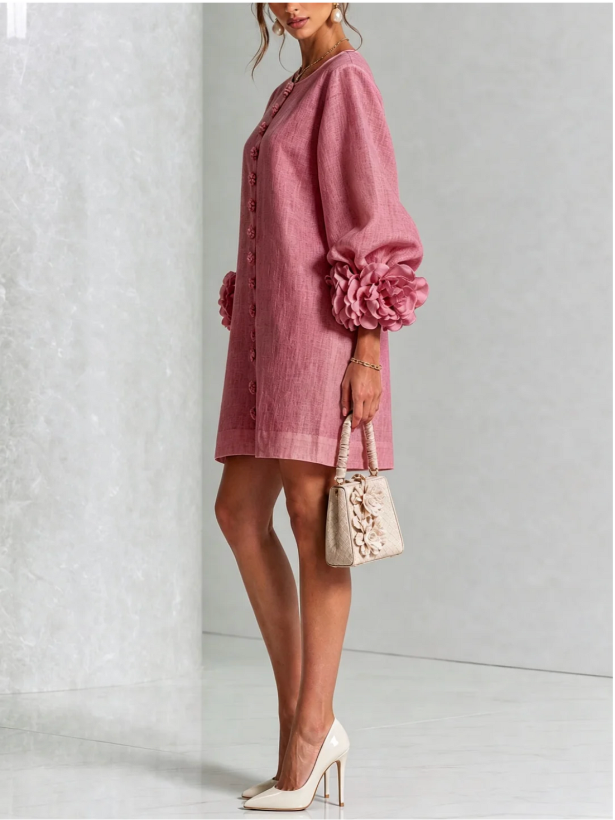 Alba | Minivestido de mezcla de lino con puños color rosa, rosa empolvado