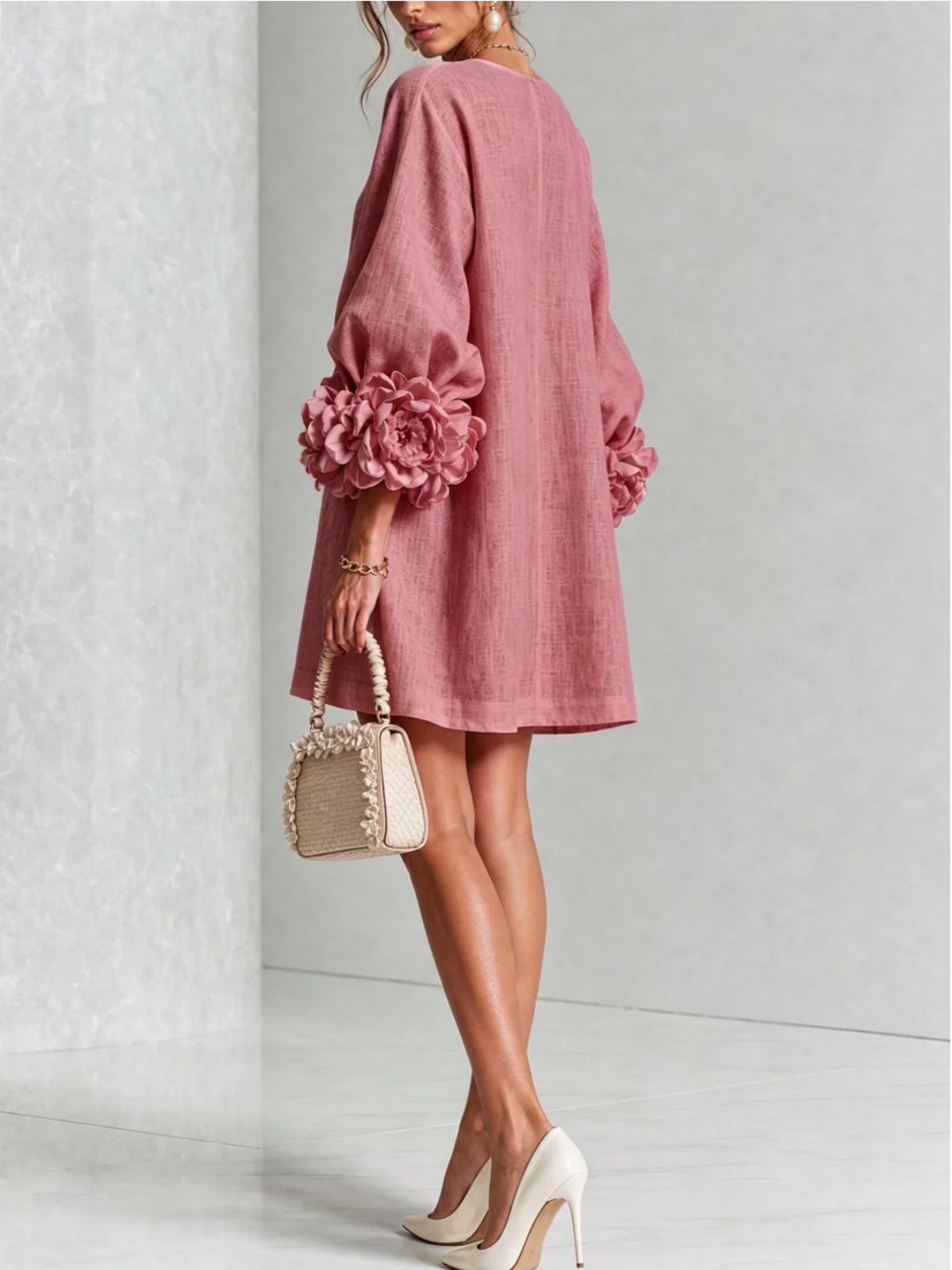 Alba | Minivestido de mezcla de lino con puños color rosa, rosa empolvado