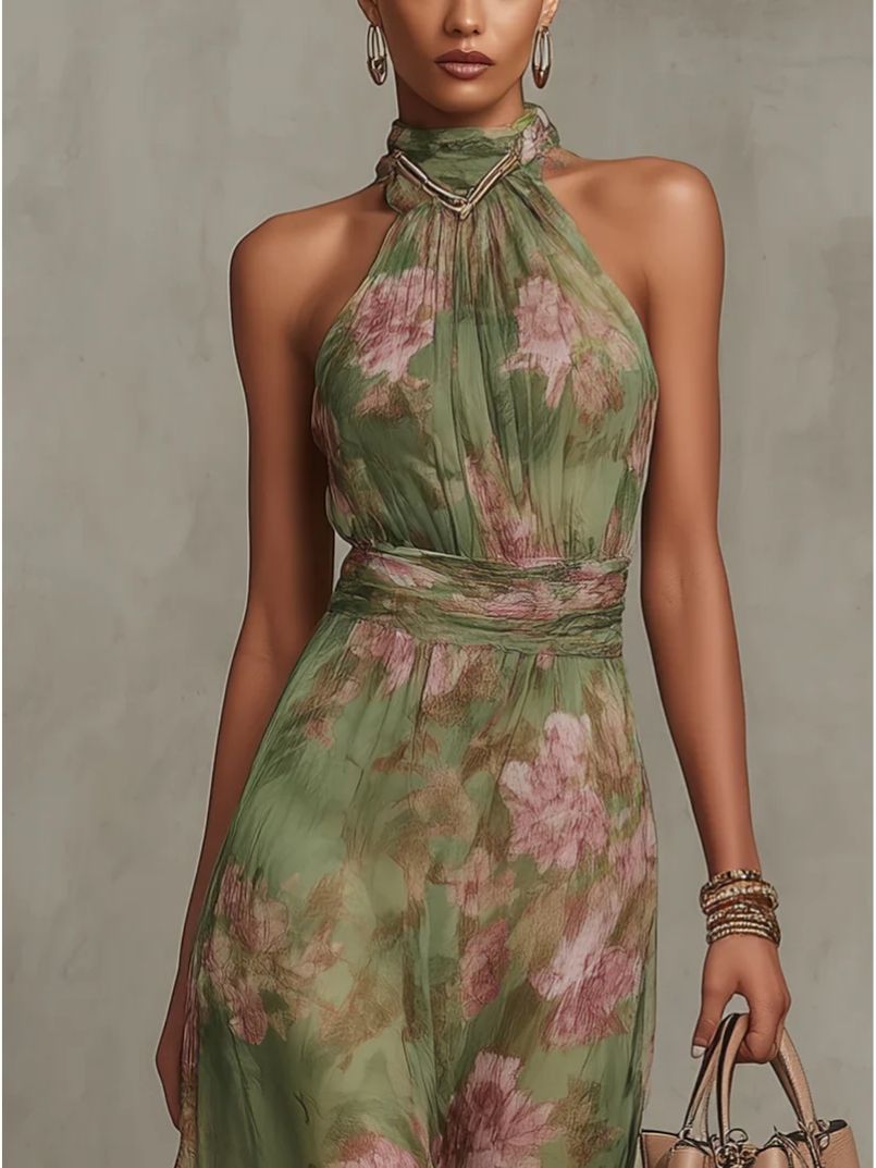 Moretti™ | Abito lungo floreale con collo halter