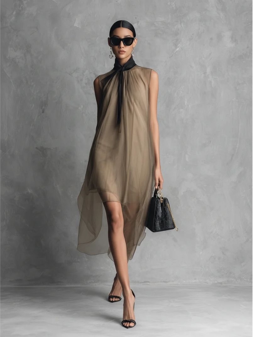 Moretti ™ | Abito in chiffon con fiocco al collo