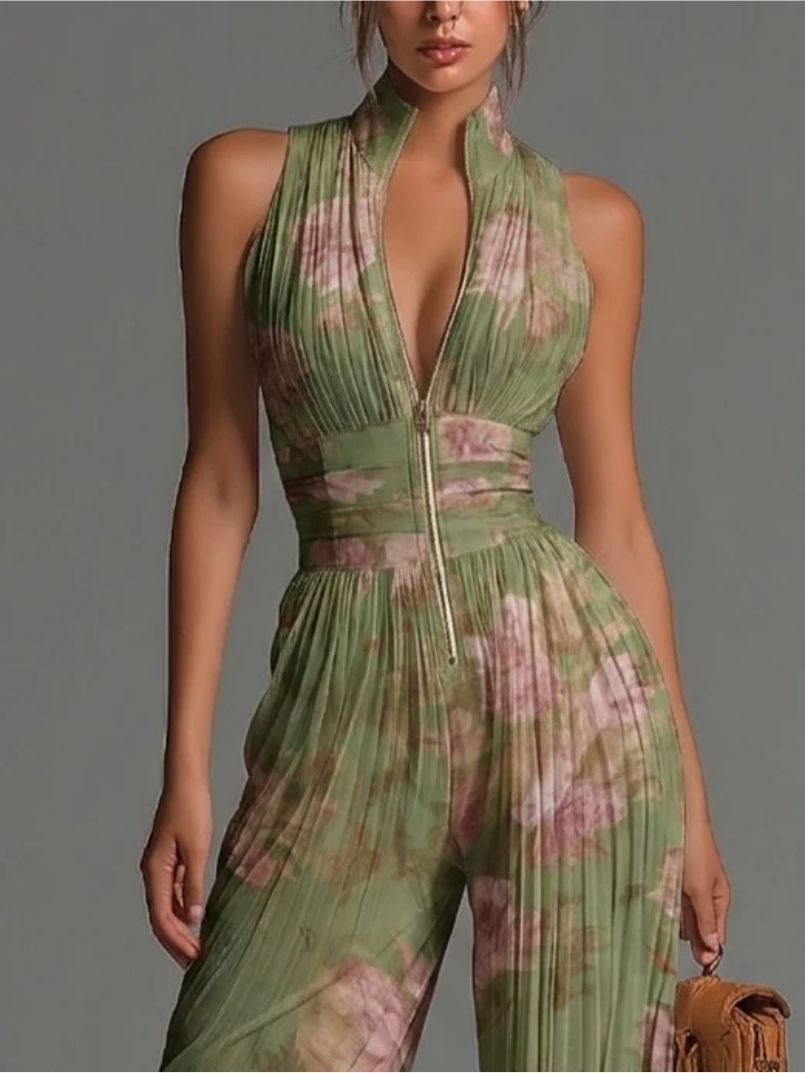 Moretti™ | Tuta plissettata in chiffon con stampa floreale e scollo a V
