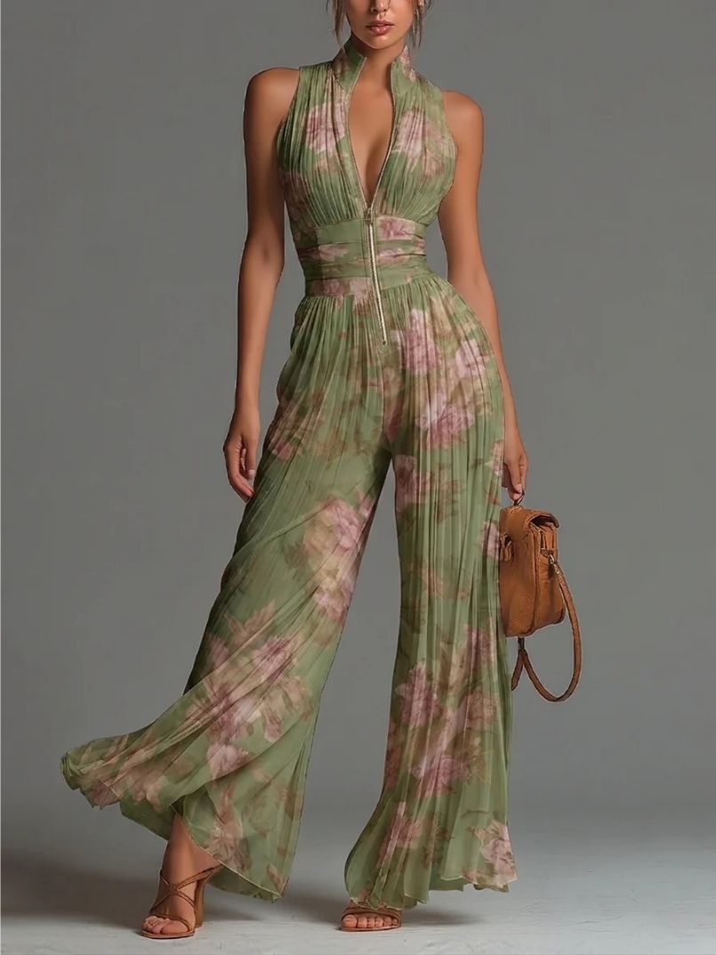 Moretti™ | Tuta plissettata in chiffon con stampa floreale e scollo a V
