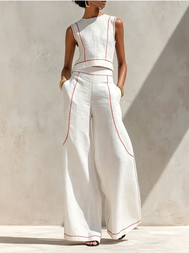 Moretti™ | Completo Minimal in Lino con Pantaloni a Gamba Larga