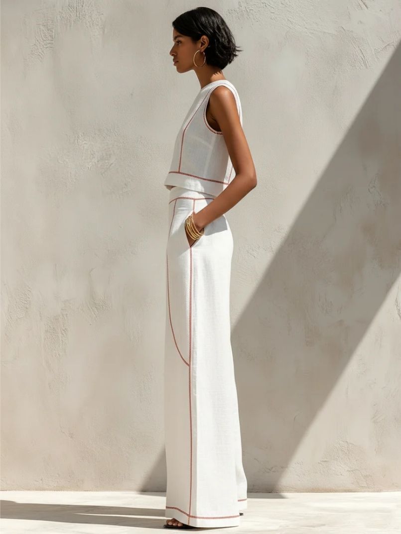 Moretti™ | Completo Minimal in Lino con Pantaloni a Gamba Larga