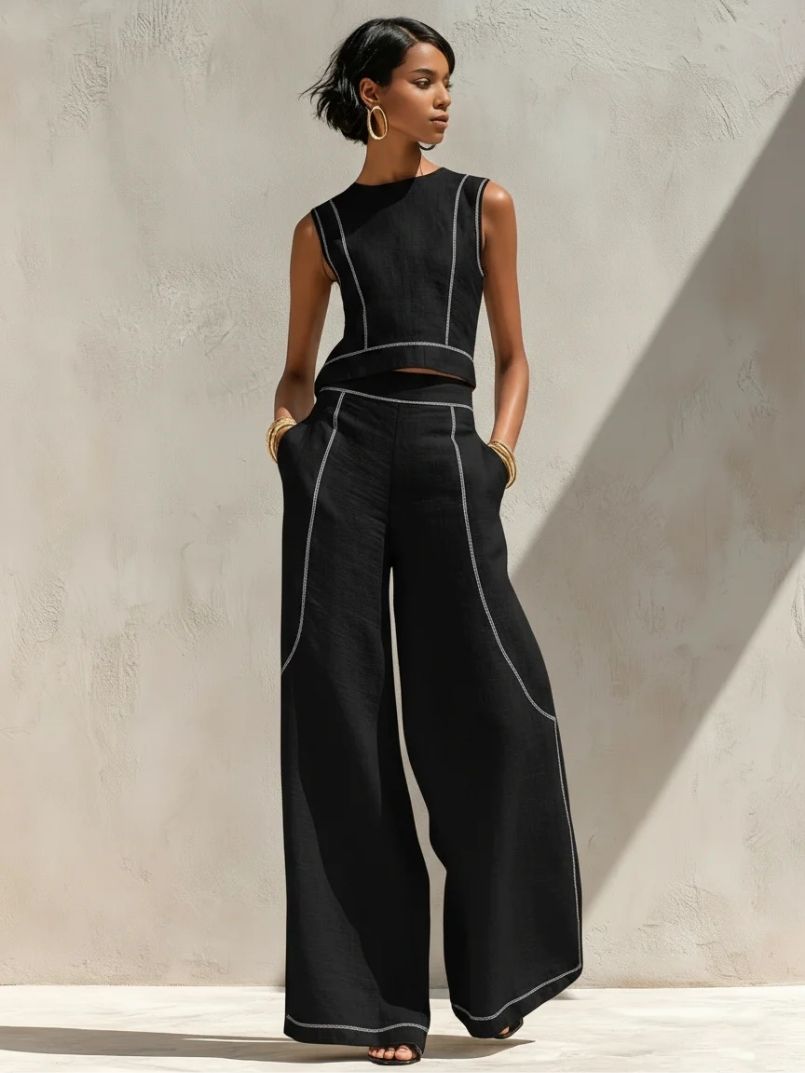 Moretti™ | Completo Minimal in Lino con Pantaloni a Gamba Larga