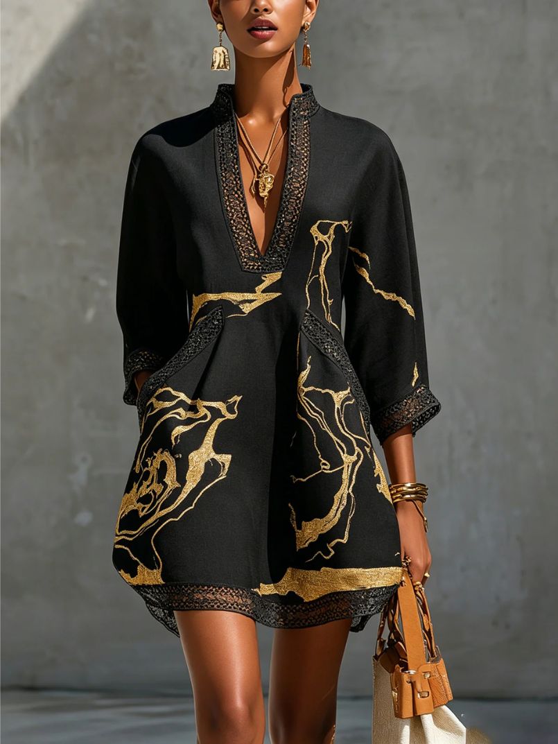Marta™ |vestido negro con estampado de mármol