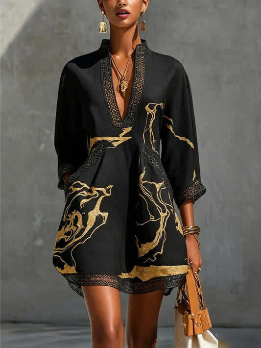 Marta™ |vestido negro con estampado de mármol
