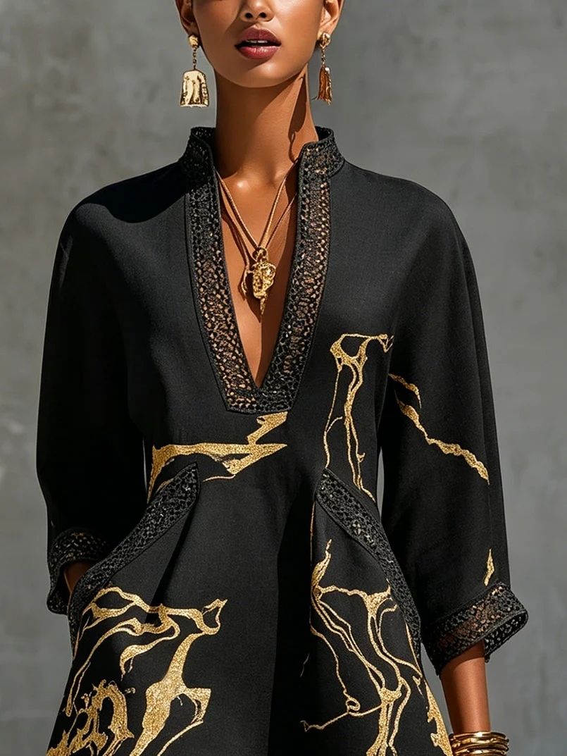 Marta™ |vestido negro con estampado de mármol