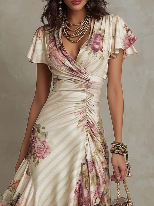 Alba - Abito midi in satin floreale elegante retrò